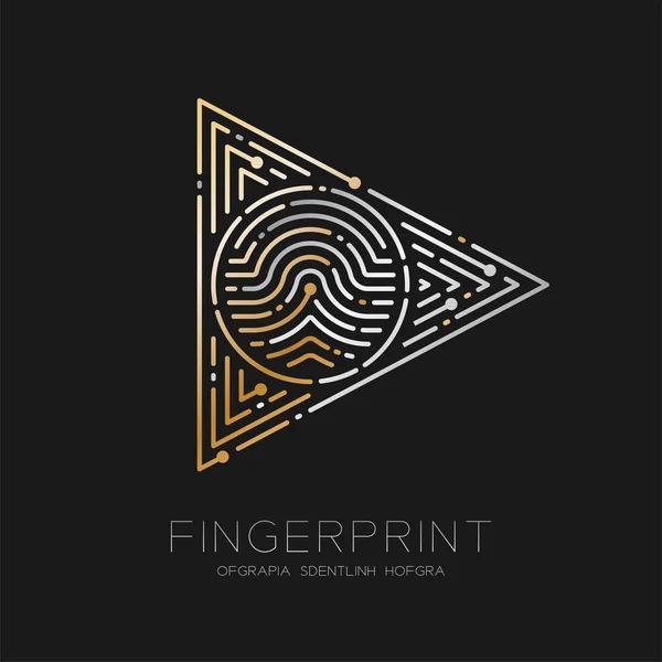 Play Sign Fingerprint Scan Muster Logo Strich Linie, Digitaltechnologie Start-Konzept, Illustration Silber und Gold isoliert auf schwarzem Hintergrund mit Fingerabdruck Text, Vektor eps — Stockvektor
