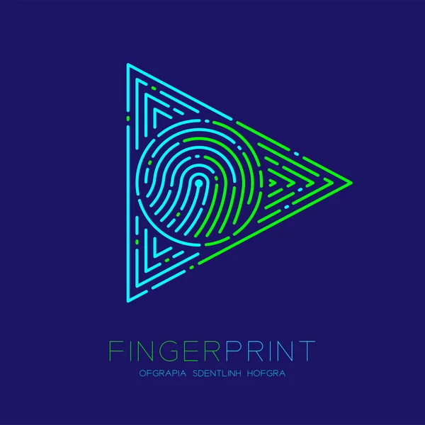 Play Sign Fingerprint Scan Muster Logo Strich Linie, Digitaltechnologie Startkonzept, editierbare Strichabbildung grün und blau isoliert auf dunkelblauem Hintergrund mit Fingerabdrucktext, Vektor eps — Stockvektor