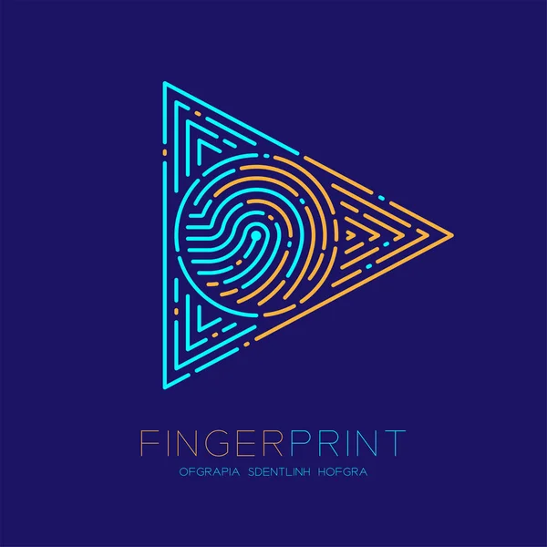 Play Sign Fingerprint Scan Muster Logo Strich Linie, Digitaltechnologie Start-Konzept, editierbare Strichabbildung orange und blau isoliert auf dunkelblauem Hintergrund mit Fingerabdrucktext, Vektor eps — Stockvektor