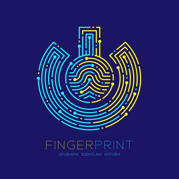 Power Sign Fingerprint Scan Muster Logo Strich Linie, digitale Technologie verbinden Konzept, editierbare Strichabbildung gelb und blau isoliert auf dunkelblauem Hintergrund mit Fingerabdruck Text, Vektor — Stockvektor