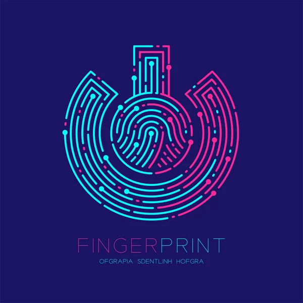 Power Sign Fingerprint Scan Muster Logo Strich Linie, digitale Technologie verbinden Konzept, editierbare Strichabbildung rosa und blau isoliert auf dunkelblauem Hintergrund mit Fingerabdruck Text, Vektor — Stockvektor