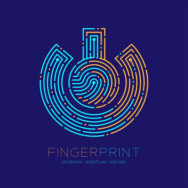 Power Sign Fingerabdruck Muster Logo Strich Linie, digitale Technologie verbinden Konzept, editierbare Strichabbildung orange und blau isoliert auf dunkelblauem Hintergrund mit Fingerabdruck Text, Vektor — Stockvektor