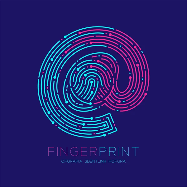 Am Zeichensymbol Fingerabdruckmuster Logo Strich Linie, digitale Technologie Online-Konzept, editierbare Strichabbildung rosa und blau isoliert auf dunkelblauem Hintergrund mit Fingerabdrucktext, Vektor — Stockvektor