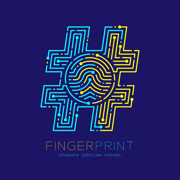 ハッシュ記号指紋スキャン パターンのロゴの破線、デジタルの社会的ネットワークの概念、黄色と青の編集可能なストローク図指紋本文、暗い青色の背景に分離されたベクトル — ストックベクタ