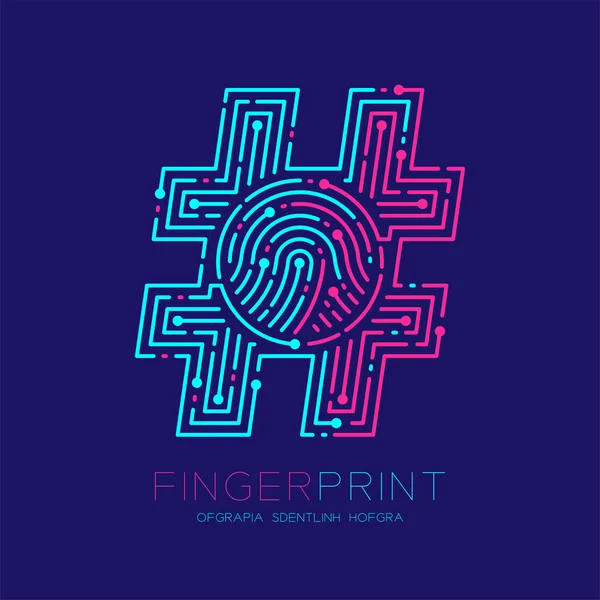 ハッシュ記号指紋スキャン パターンのロゴの破線、デジタルの社会的ネットワークの概念、ピンクとブルーの編集可能なストローク図指紋本文、暗い青色の背景に分離されたベクトル — ストックベクタ