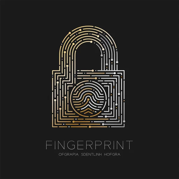 Lock shape pattern Fingerprint scan logo icon dash line, Security privacy concept, illustration silver and gold isolated on black background with Fingerprint text and space, vector eps10 — Stock Vector