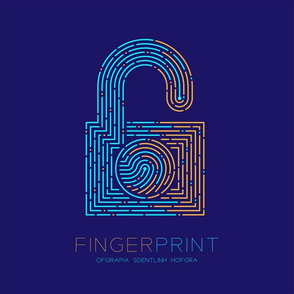 Lock Form Muster Fingerabdruck Scan Logo Symbol Strich Linie, Sicherheit Privatsphäre Konzept, editierbare Strichabbildung blau und orange isoliert auf blauem Hintergrund mit Fingerabdruck Text und Leerzeichen, Vektor eps — Stockvektor