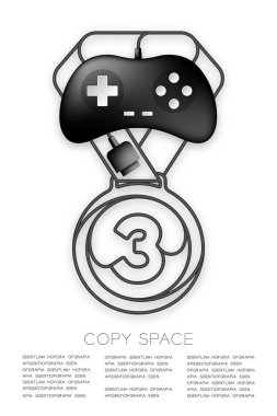 Madalya numarası bir şekil kablo Retro gamepad veya joypad siyah renk, oyun galibi kavramı tasarım illüstrasyon izole beyaz arka plan, kopya alanı ile, vektör EPS 10