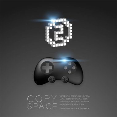 Gamepad veya joypad siyah renk gümüş madalya numarası iki piksel simgesi, oyun kazanan kavramı tasarım illüstrasyon siyah degradeler arka plan üzerinde izole, kopya alanı ile