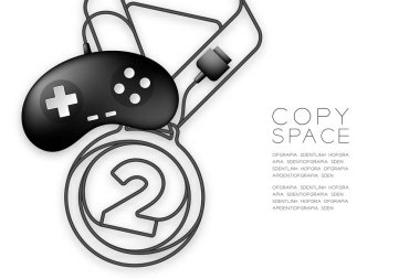 Madalya numarası bir şekil kablo Retro gamepad veya joypad siyah renk, oyun galibi kavramı tasarım illüstrasyon izole beyaz arka plan, kopya alanı ile, vektör EPS 10