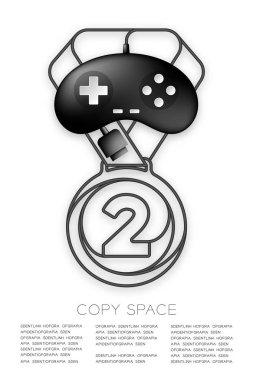 Madalya numarası bir şekil kablo Retro gamepad veya joypad siyah renk, oyun galibi kavramı tasarım illüstrasyon izole beyaz arka plan, kopya alanı ile, vektör EPS 10