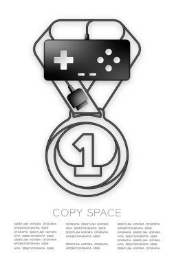 Madalya numarası bir şekil kablo Retro gamepad veya joypad siyah renk, oyun galibi kavramı tasarım illüstrasyon izole beyaz arka plan, kopya alanı ile, vektör EPS 10