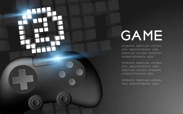 Gamepad or joypad black color with Silver Medal number two pixel icon, Game winner concept design illustration isolated on black gradients background, with copy space — Stock Vector