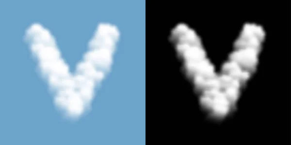 Alfabetet versaler som bokstaven V, moln eller rök mönster, illustration isolerad flyta på blå himmel bakgrund, med opacitet mask, vektor EPS 10 — Stock vektor