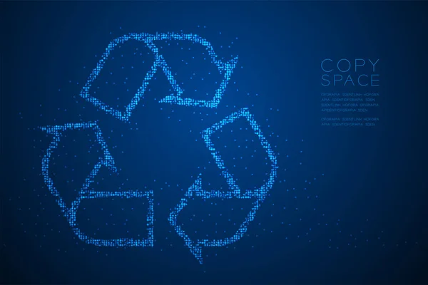 Resumen Geométrico Bokeh círculo punto píxel patrón Reciclar signo, conservación del medio ambiente concepto diseño azul color ilustración aislado en azul gradiente fondo con espacio de copia, vector — Vector de stock