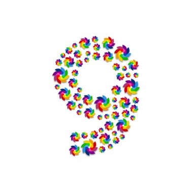 Beyaz arka plan üzerinde vektör eps 10 izole kavramı tasarlamak güç yenilenebilir Rüzgar alfabe set mektubu numarası dokuz ya da 9, türbin kağıt desen,