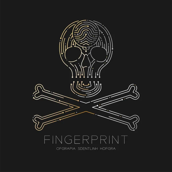 Dödskalle forma Fingerprint mönster logotyp streckad linje, fara teknik koncept design illustration guld och silver isolerat på svart bakgrund med Fingerprint text — Stock vektor