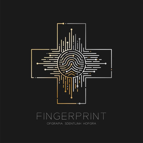 指紋パターン ロゴ破線の形状、安全技術概念設計図金と銀黒背景に指紋のテキスト、ベクター eps に分離記号をクロスします。 — ストックベクタ