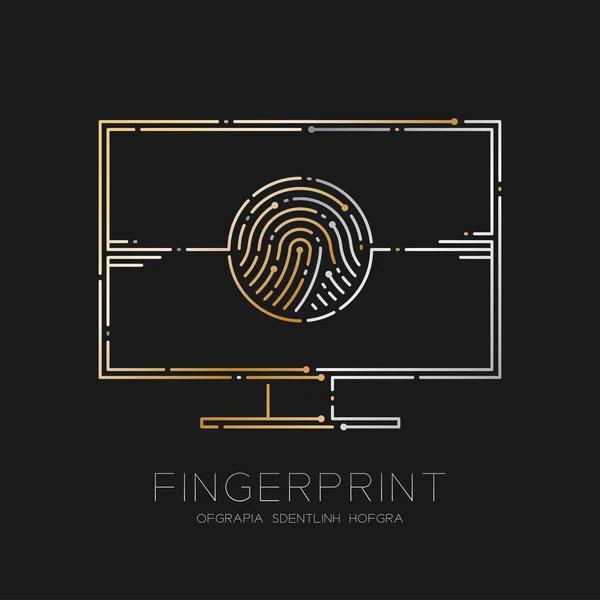 Computer mit Fingerabdruck-Strich, digitales Bürokonzept Design Illustration Gold und Silber isoliert auf schwarzem Hintergrund mit Kopierraum, Vektor eps10 — Stockvektor