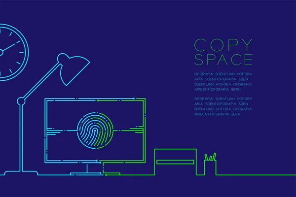 Office arbetsplatsen och dator med fingeravtryck dash linje, Digital office konceptdesign, redigerbara stroke illustration blå och grön isolerad på Mörkblå bakgrund med kopia utrymme, vektor eps 10 — Stock vektor