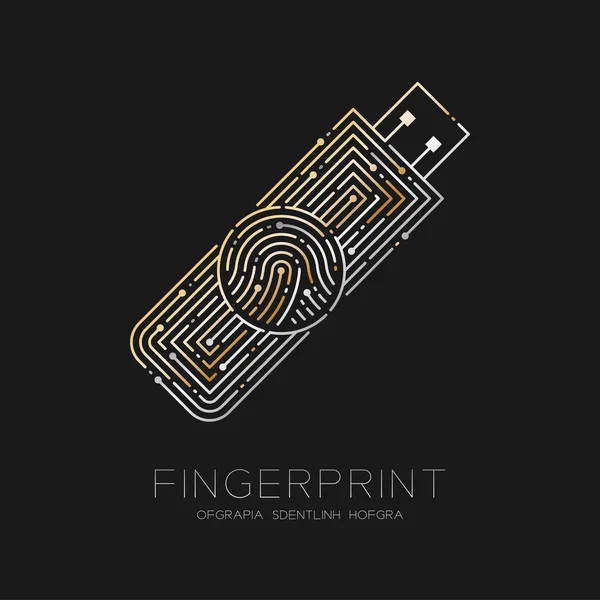 Flash-oder USB-Laufwerk Form Fingerabdruck Muster Logo Strich Linie, Gadget-Konzept Design Illustration Gold und Silber isoliert auf schwarzem Hintergrund mit Fingerabdruck Text und Raum, Vektor — Stockvektor