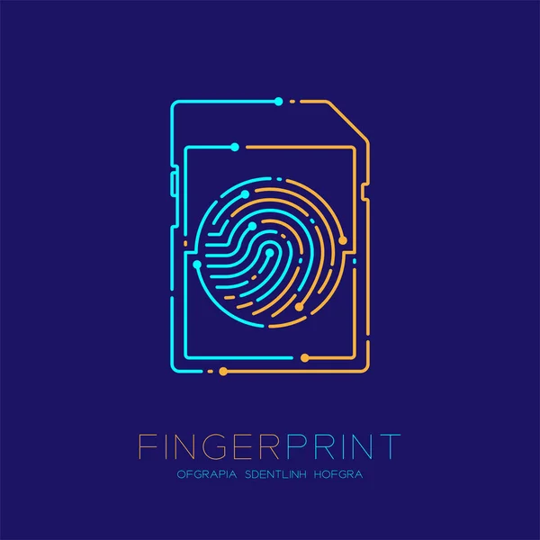 Sd oder Speicherkarte Form Fingerabdruck Muster Logo Strich Linie, Gadget-Konzept Design, editierbare Strichillustration blau und orange isoliert auf dunkelblauem Hintergrund mit Fingerabdruck Text und Leerzeichen, Vektor — Stockvektor