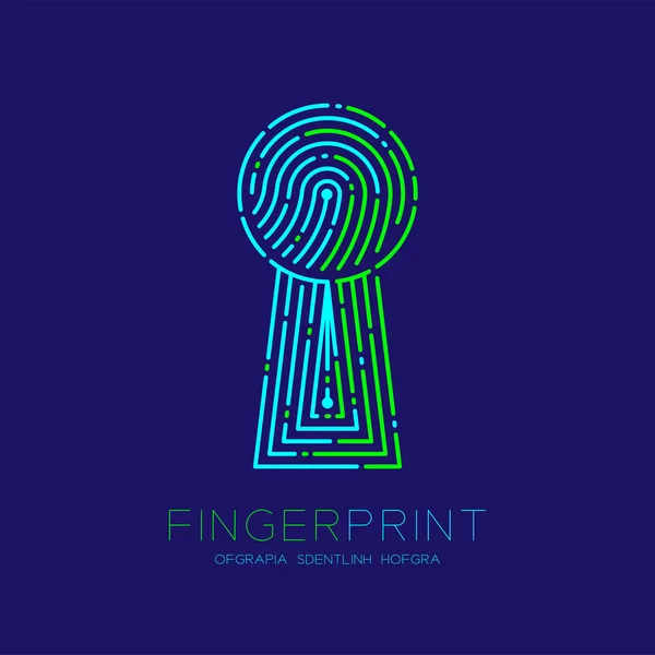 Keyhole shape Fingerprint scan pattern logo dash line, digital gateway concept, Editable stroke illustration green and blue isolated on dark blue background with Fingerprint text and space, vector — Stock Vector