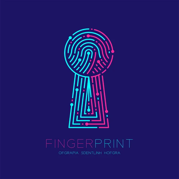 鍵穴形状の指紋のスキャン パターン ロゴ破線、デジタル ゲートウェイの概念、編集可能なストロークの図ピンクとブルー指紋テキストとスペース、ベクトルと暗い青色の背景に分離 — ストックベクタ