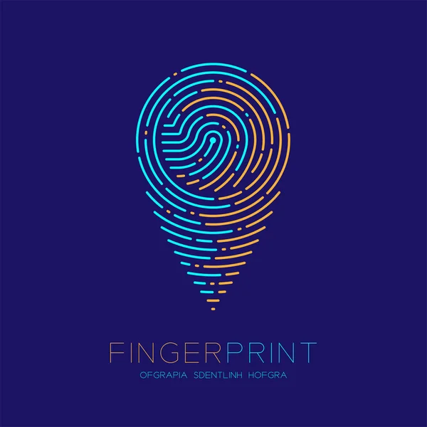 Gps ナビゲーター アイコン形指紋スキャン パターン ロゴ破線、デジタル マップ ポインターの概念、編集可能なストロークの図のオレンジ、青指紋本文と暗い青色の背景に分離 — ストックベクタ