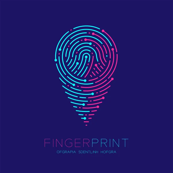 Gps ナビゲーター アイコン形指紋スキャン パターン ロゴ破線、デジタル マップ ポインターの概念、編集可能なストロークの図ピンクとブルーの指紋本文と暗い青色の背景に分離 — ストックベクタ