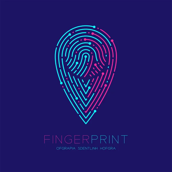 Gps navigator icon shape fingerprint scan pattern logo dash line, digital map pointer concept, editierbar stroke illustration pink und blau isoliert auf dunkelblauem hintergrund mit fingerprint text — Stockvektor