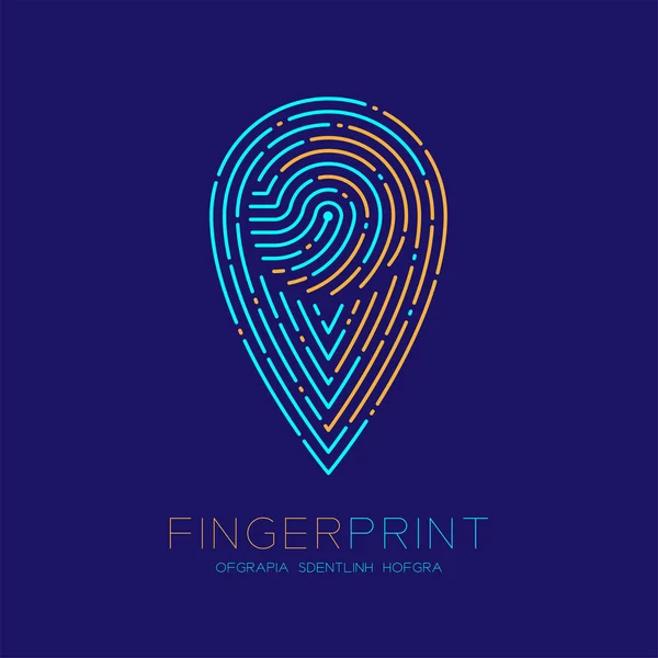 Gps navigator icon shape fingerprint scan pattern logo dash line, digital map pointer concept, editierbar stroke illustration orange und blau isoliert auf dunkelblauem hintergrund mit fingerprint text — Stockvektor