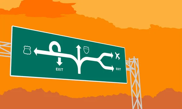 Highway atau motorway green signage in surise, sunset time illustration on orange sky background - Stok Vektor