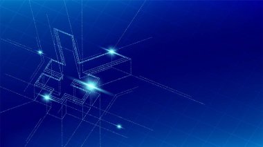 Para Jpy (Japon Yeni) izometrik sembol parçacık hattı aydınlatma desen tel kafes fütüristik, Dijital para kriptopara kavramı illüstrasyon alanı ile mavi degradeler arka plan izole