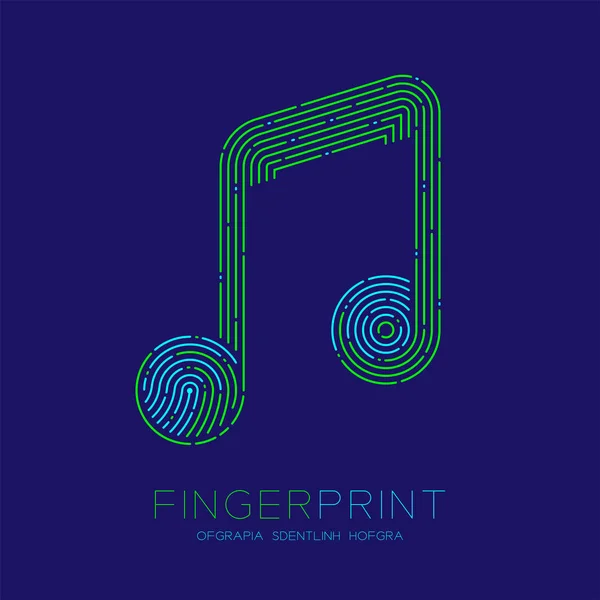 Notenzeichenmuster Fingerabdruck-Scan-Logo-Symbolstrich, Musiker-Konzept, editierbare Strichillustration blau und grün isoliert auf blauem Hintergrund mit Fingerabdrucktext und Leerzeichen, Vektor eps10 — Stockvektor