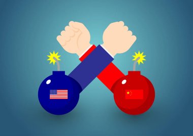 Amerika ve Çin bayrağı, Ticaret savaşı ve vergi krizi kavram tasarım illüstrasyon kopya alanı ile mavi degradeler arka plan izole bomba ile Bilek güreşi İş Eli, vektör eps 10