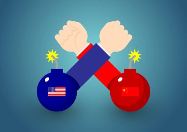 Arm wrestling Business Hand with bomb of America and China flag, Trade war and tax crisis concept design illustration isolated on blue gradients background with copy space, vector eps 10 clipart