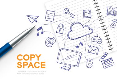 Çocuk el çizim seti ile Dizüstü bilgisayar, Bulut kopyalama alanı ile beyaz arka plan üzerinde izole teknoloji konsept tasarım illüstrasyon bağlamak