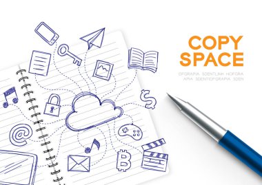 Çocuk el çizim seti ile Dizüstü bilgisayar, Bulut kopyalama alanı ile beyaz arka plan üzerinde izole teknoloji konsept tasarım illüstrasyon bağlamak