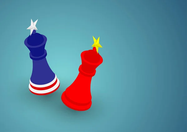 Patrón de bandera de Chess King de América y China, ilustración de diseño de concepto de guerra comercial y crisis tributaria aislada sobre fondo de gradientes azules con espacio de copia, vector eps 10 — Archivo Imágenes Vectoriales