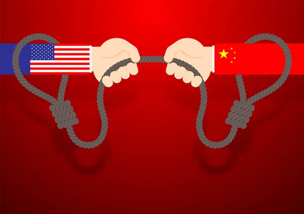 Business Hand of America ve Çin bayrağı çekme halat kement (savaş oyunu römorkör), Ticaret savaşı ve vergi krizi kavramı tasarım illüstrasyon kopya alanı ile kırmızı degradeler arka izole, vektör eps 10