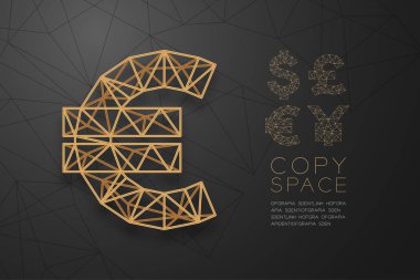 Döviz Eur (Avrupa Euro) sembolü tel kafes Polygon altın çerçeve yapısı, Kopyalama alanı ile siyah degrade arka plan izole İş finans konsept tasarım illüstrasyon, vektör eps 10