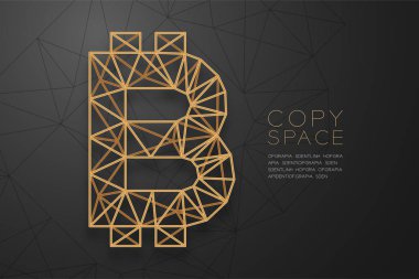 Bitcoin kriptopara sembolü tel kafes Polygon altın çerçeve yapısı, Kopyalama alanı ile siyah degrade arka plan izole İş finans konsept tasarım illüstrasyon, vektör eps 10