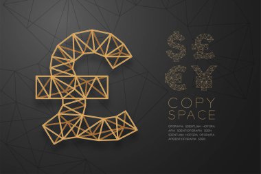 Döviz Gbp (Pound Sterling) sembolü tel çerçeve Polygon altın çerçeve yapısı, İş finans konsept tasarım illüstrasyon kopya alanı ile siyah degrade arka plan izole, vektör eps 10