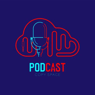 Retro Mikrofon logosu simge anahat kontur bulut şekli çerçeve kablo çizgi çizgi tasarımı, podcast internet radyo programı kavram illüstrasyon Podcast metin, vektör ile koyu mavi arka plan izole