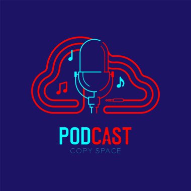 Retro Mikrofon logosu simge anahat kontur bulut şekli çerçeve kablo çizgi çizgi tasarımı, podcast internet radyo programı kavram illüstrasyon Podcast metin, vektör ile koyu mavi arka plan izole
