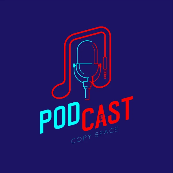 Retro Mikrofon logo simgesi anahat kontur müzik notu kablo çizgi çizgi tasarımı, podcast internet radyo programı kavram illüstrasyon Podcast metin, vektör ile koyu mavi arka plan izole