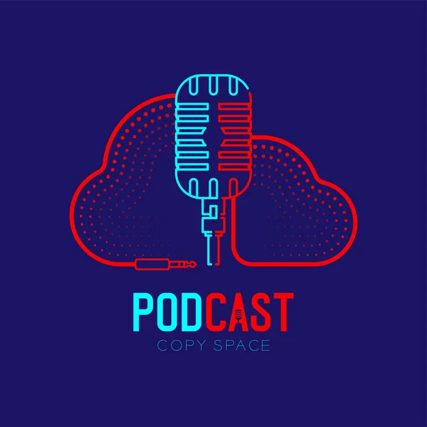 Retro Mikrofon logosu simge anahat kontur bulut şekli çerçeve kablo çizgi çizgi tasarımı, podcast internet radyo programı kavram illüstrasyon Podcast metin, vektör ile koyu mavi arka plan izole