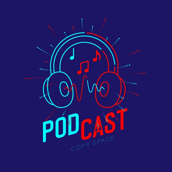 Піктограма логотипу навушників контурний хід з музичною нотою в радіусній рамці, інтернет-радіопрограма Podcast онлайн концепція ілюстрація ізольована на синьому фоні з текстом Podcast, вектор — стоковий вектор