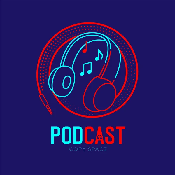 Kulaklık logosu ana hatları müzik notası ile kablo dairesi çerçeve çizgisi çizgisi, Podcast internet radyo programı çevrimiçi konsept illüstrasyonu mavi arkaplan üzerinde izole edilmiş metin, vektör çizimi